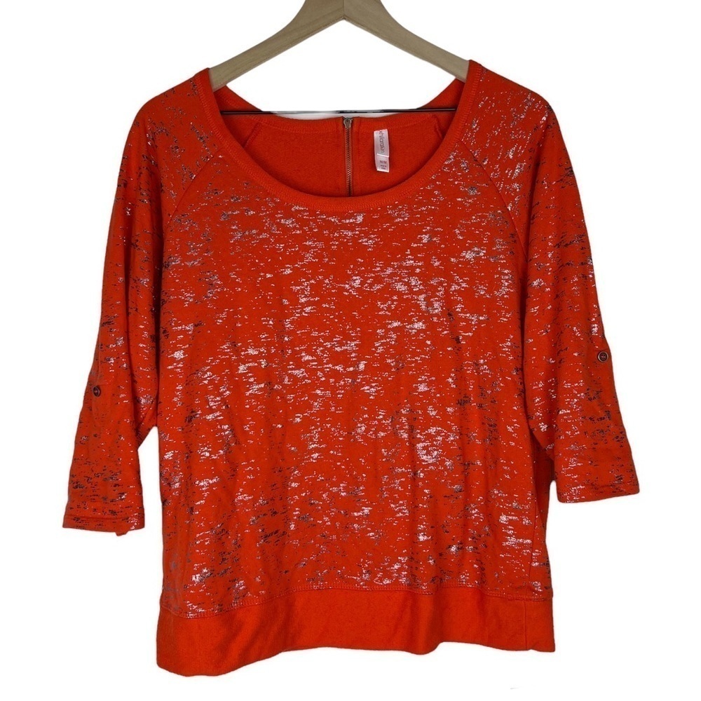 XHILARATION Top Sweatshirt Metallic Foil Scoop Neck Roll Tab 3/4 Sleeves Medium